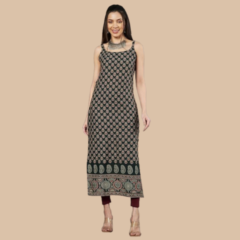 Women's Floral Print Straight Cotton Stitched Kurta